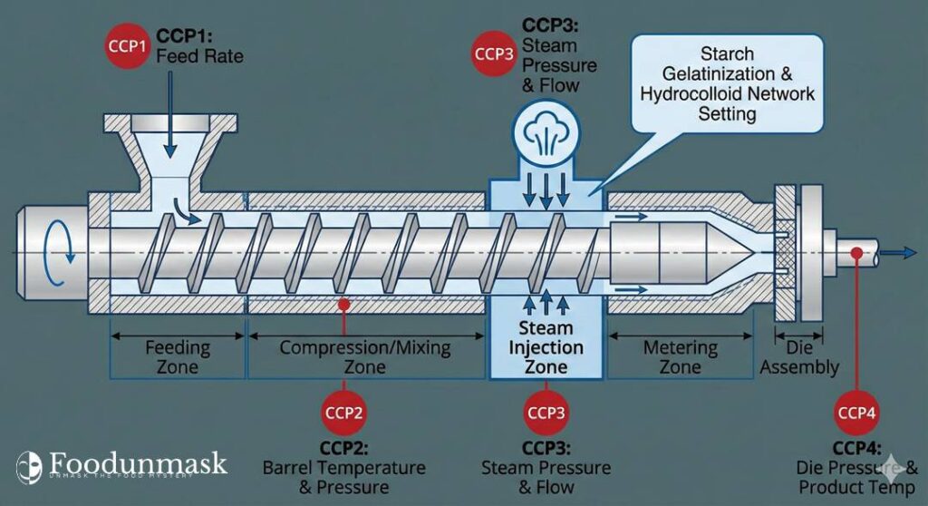 This technical schematic locates the critical control points (CCPs) in the extruder barrel.