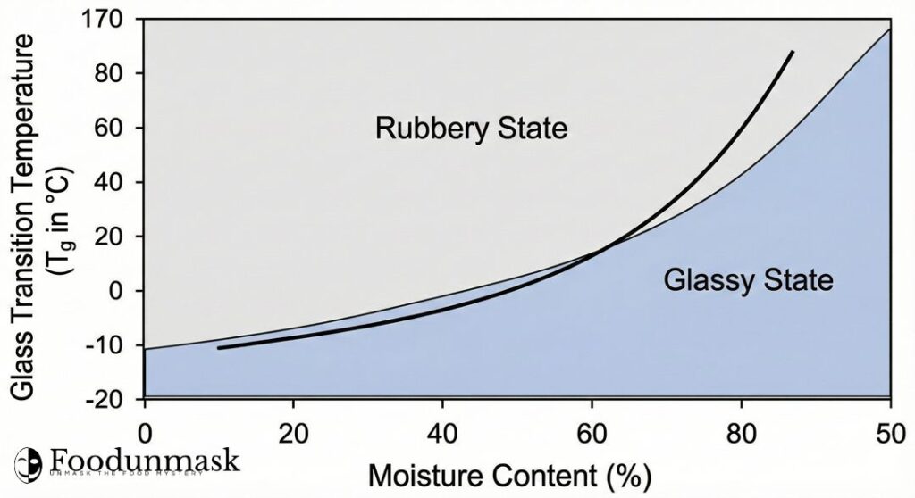 Figure 2: The fundamental relationship between moisture and Glass Transition Temperature (Tg). As pasta dries (moving left along the x-axis), its $T_g$ rises. If the product temperature falls into the blue "Glassy State" area while significant moisture gradients exist, cracking occurs.
