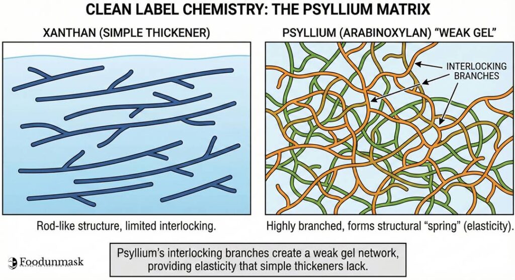 how these branches interlock to form a "weak gel," providing the structural "spring" (elasticity) that simple thickeners lack.