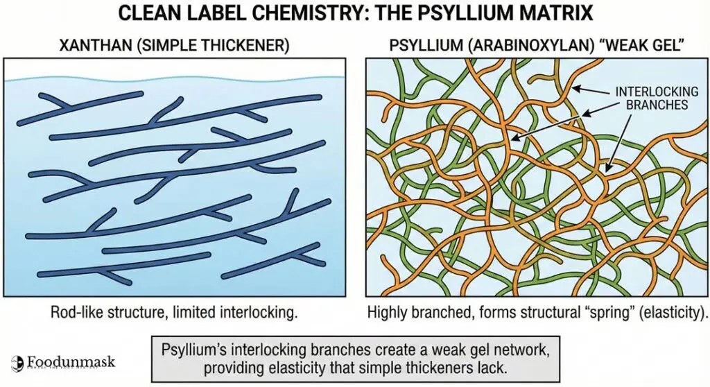 how these branches interlock to form a "weak gel," providing the structural "spring" (elasticity) that simple thickeners lack.