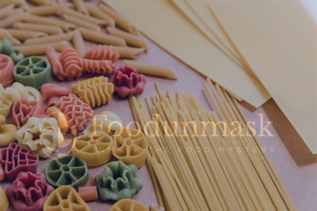 Various types of dried pasta shapes used as a background for food technology article