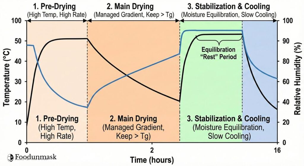 An optimized industrial drying profile. Note Phase 3, where relative humidity (blue line) is increased, and temperature (black line) is held steady. This "Rest Period" forces internal moisture equilibration before the final cooling phase, preventing checking.