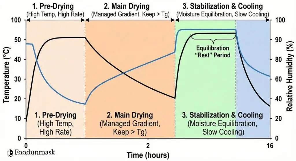 An optimized industrial drying profile. Note Phase 3, where relative humidity (blue line) is increased, and temperature (black line) is held steady. This "Rest Period" forces internal moisture equilibration before the final cooling phase, preventing checking.